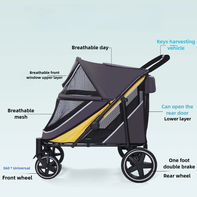 60kg Heavy-Duty Foldable Pet Stroller for Large Dogs & Cats, All-in-One Design with Rain Cover