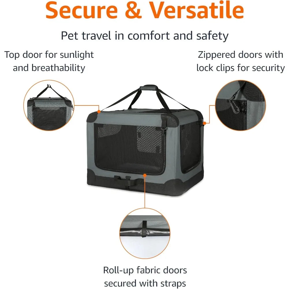 4-Doors Portable Soft-Sided Folding Travel Crate Kennel for cat, Dog, and Other Small Animals, Grey, M 30 x 21 x 2