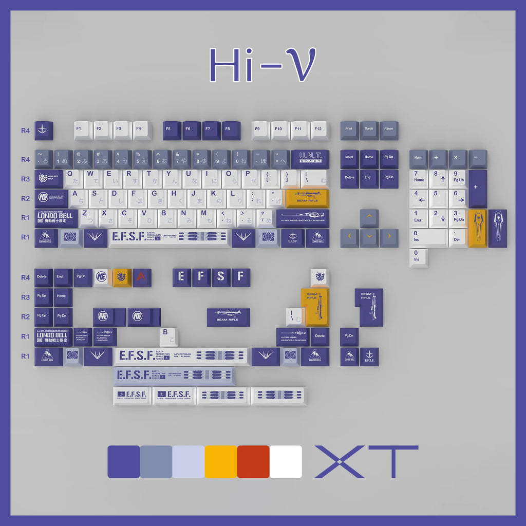 Оригинални XT Design Hi-V клавиши, японски MSN-04II Cherry Profile, 5 странични, сублимационни, 146 клавиша, PBT, пълен комплект за MX превключватели.