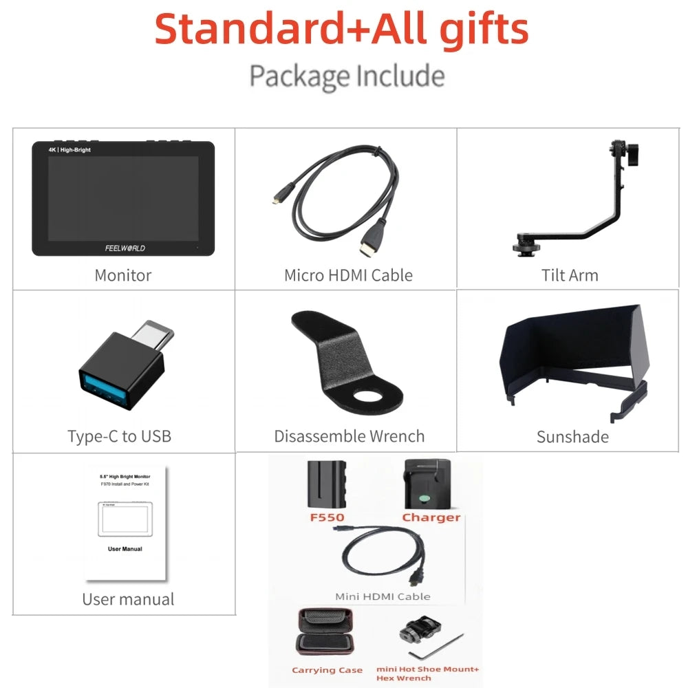 FEELWORLD F5 PROX 5,5 Zoll 1600nit High Bright Touchscreen DSLR-Kamera-Feldmonitor 4K HDMI F970 Installations- und Stromversorgungskit
