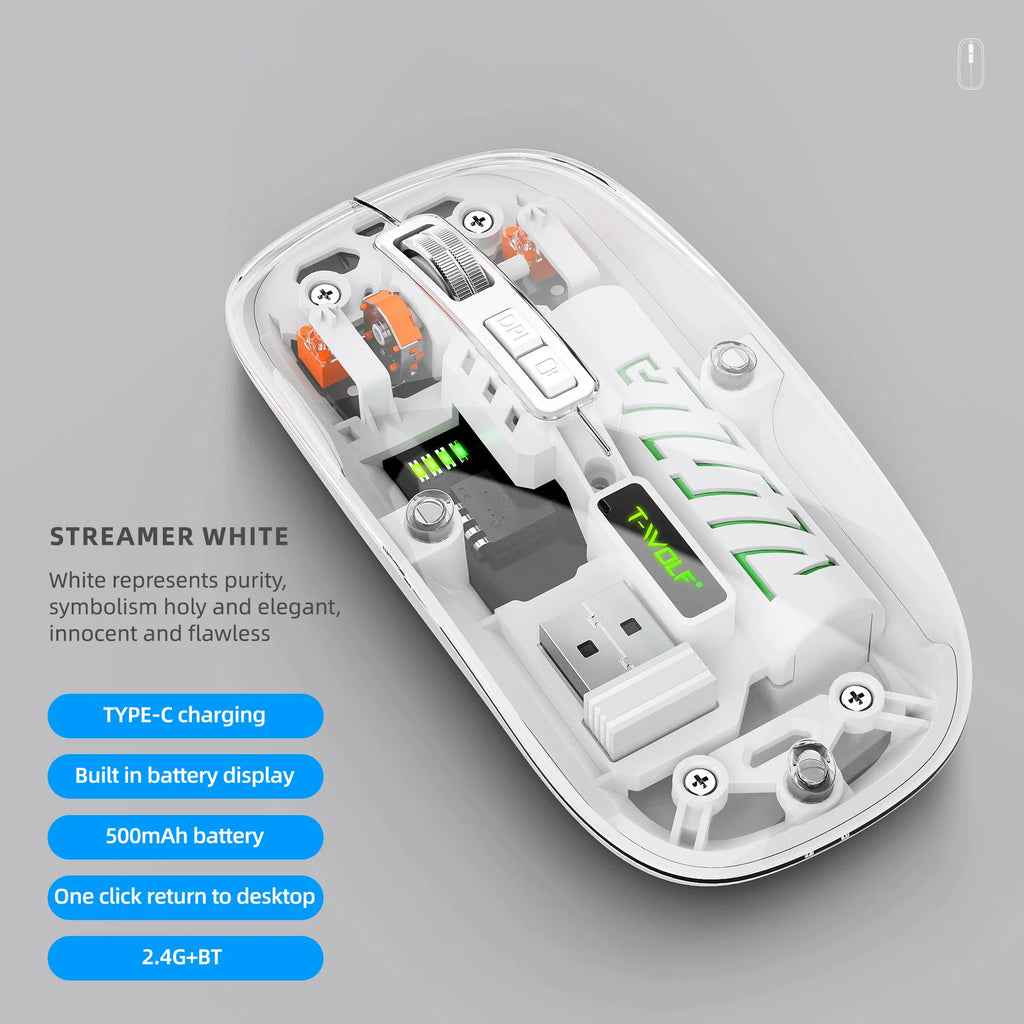 Transparent Wireless Mouse Dual Mode Bluetooth-compatible Rechargeable Mouse Noiseless Cordless Computer Mice Perspective Design