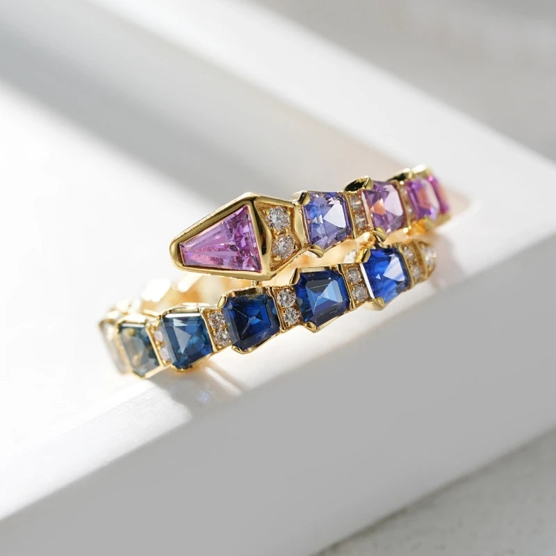 BELLUX Fine Jewelry Customized 18k Gold Material Set Natural Colored Gemstone Snake Shaped Full Diamond Ring