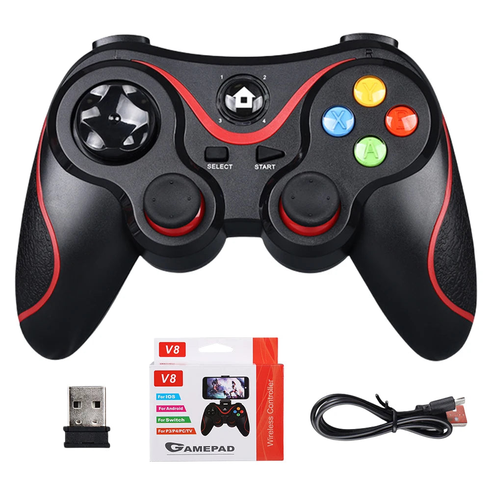V8 2.4G Wireless Game Controller Gaming Joystick BT Wireless Gamepad Dual Vibration for Android/iOS/PC/PS3/Switch/Mobile Phone