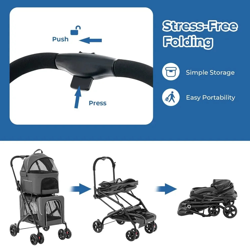 Doppelter Hundebuggy, Abnehmbare Babywanne, Sicherheitsgurt, 4 Feststellbare Räder, Reisebuggy für Haustiere, Faltbarer Katzenbuggy