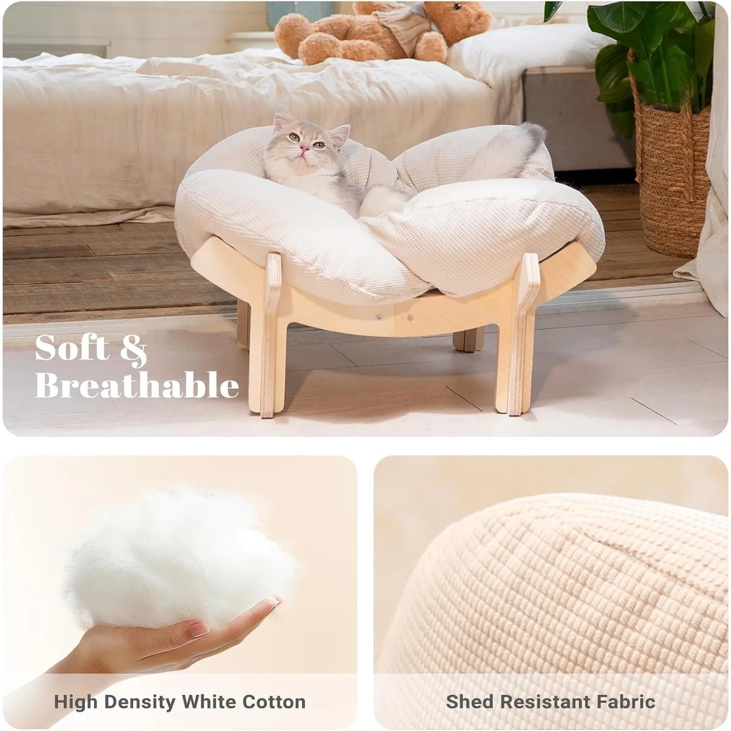 Erhöhtes Katzenbett, weiches Kissen aus Holz, flauschiges Haustiersofa, Katzensofa für den Innenbereich, geeignet für kleine Hunde und Katzen, Möbel (groß)