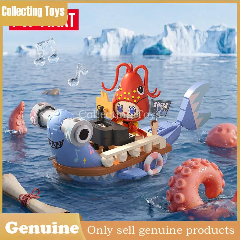 Genuine Pop Mart Labubu Themonsters Chasing Mermaids Series Blocks Fish Boat Puzzle Toys Pirate Ship Building Set For Collectors