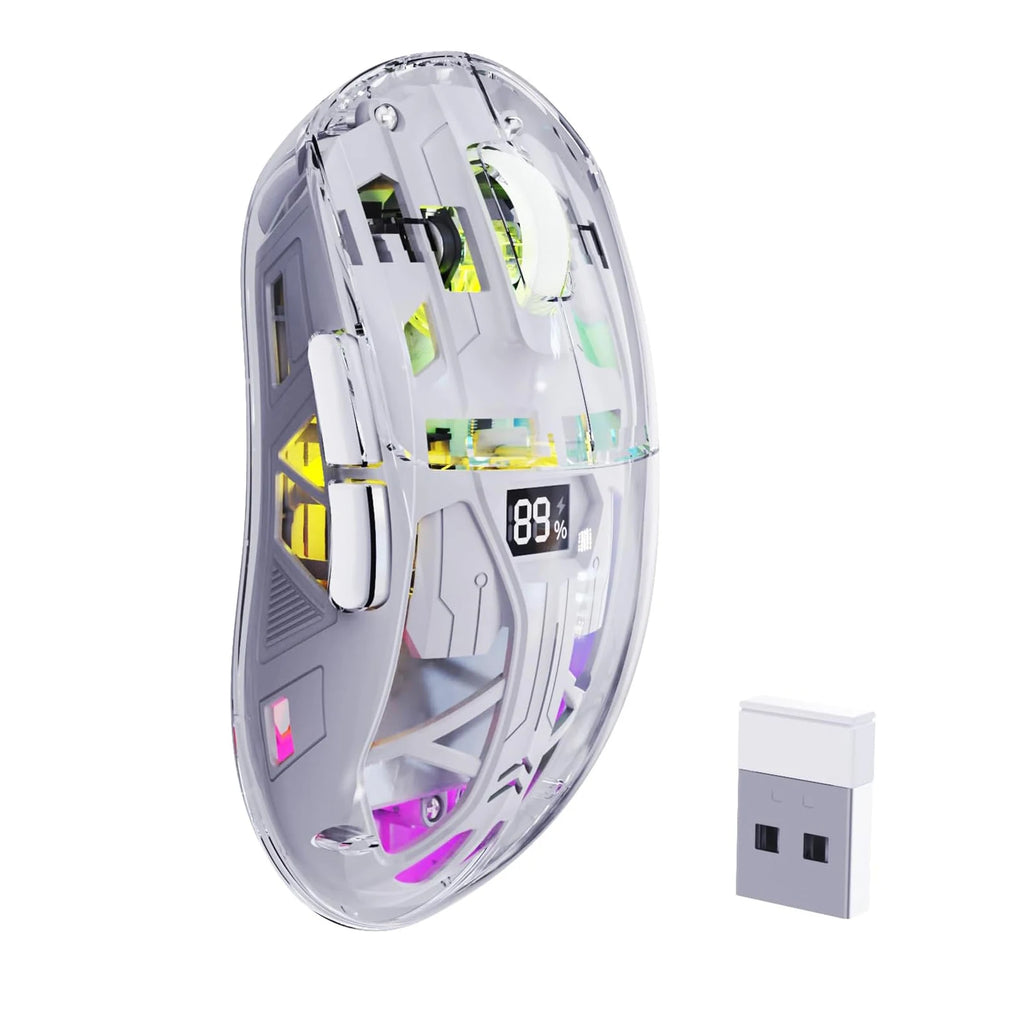 A2 Transparente kabellose Gaming-Maus, BT 5.0/2,4G PC wiederaufladbare RGB-Mäuse mit digitalem Bildschirm, PixArt 3212, 5 einstellbare DPI