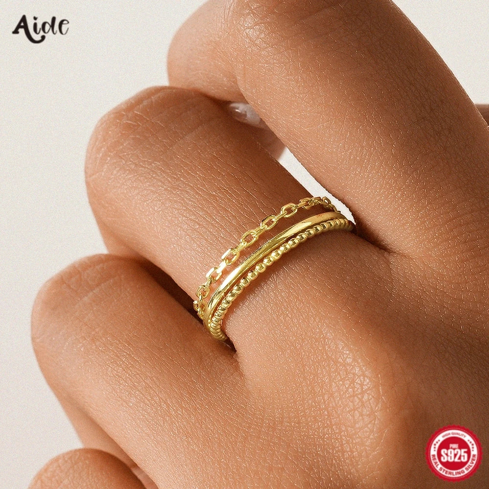Aide 925 Sterling Silber 3-teiliges Set Einfacher Kreis Verstellbarer Ring für Frauen Minimalistischer schwarzer Zirkon K Gold Feiner Schmuck Partygeschenk