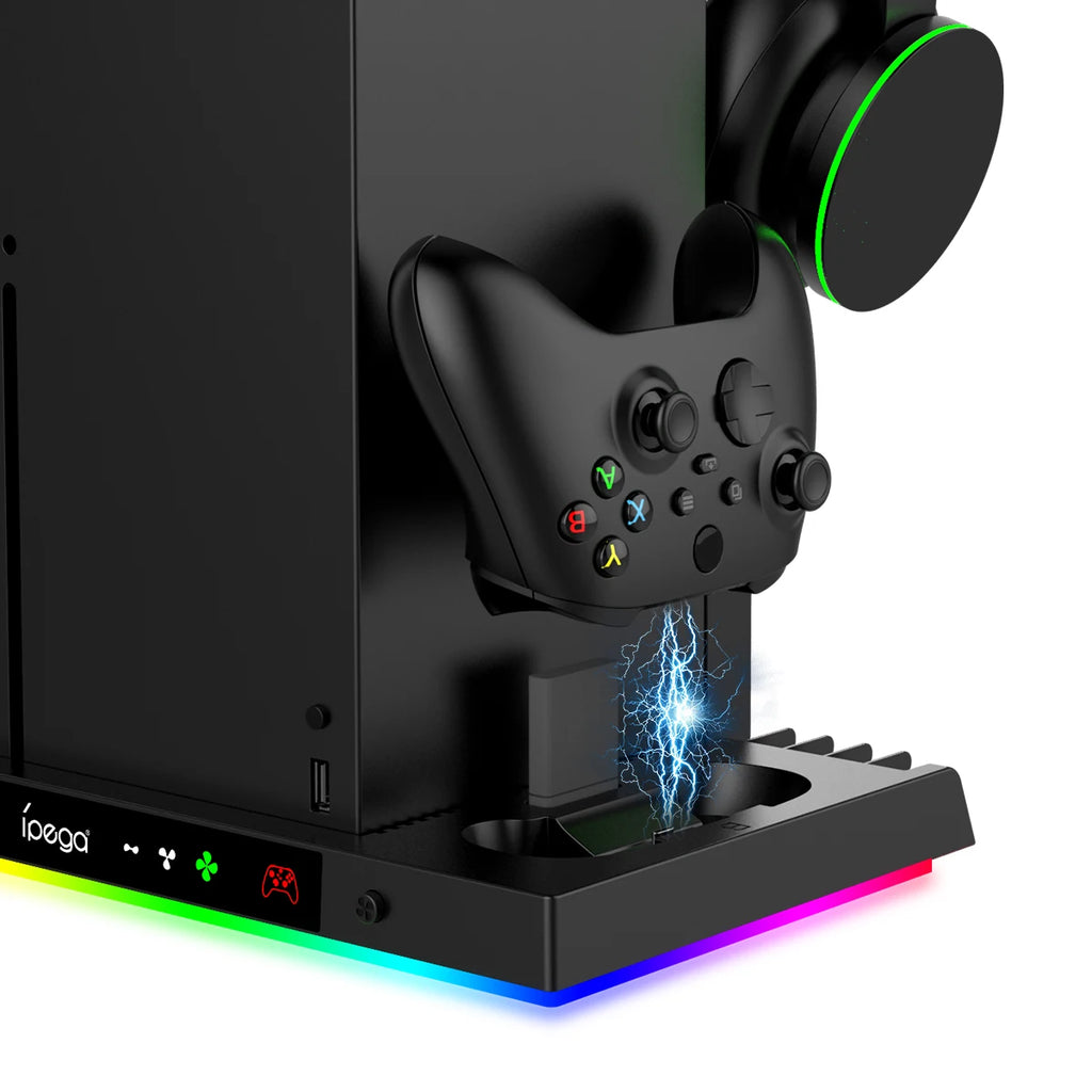 Lüfterständer und Ladestation für Xbox Series X-Konsole und -Controller mit 15RGB-Farblicht, Lagerung mit 3-stufigem Lüftersystem