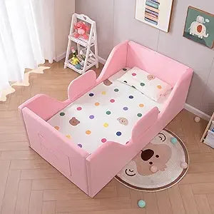 Children's Removable Rail Floor Bed with Storage, Standard Crib Size, Safety Upholstered, Suitable for Boys and Girls