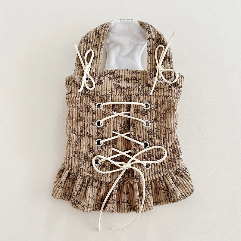 Herbst/Winter, gestreiftes Spitzenhemd mit Puppenkragen, süße Weste aus Cord mit Kordelzug, Plüsch-Blasenärmel, Schultergurt-Rock-Set