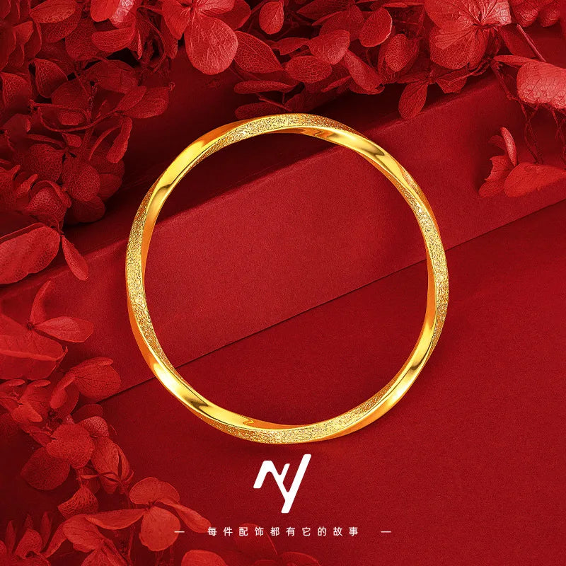 Real 24k Gold 9999 Niche Design Chinese Style Half-nail Sand Texture Mobius Circle Bracelet Women Fine Jewelry