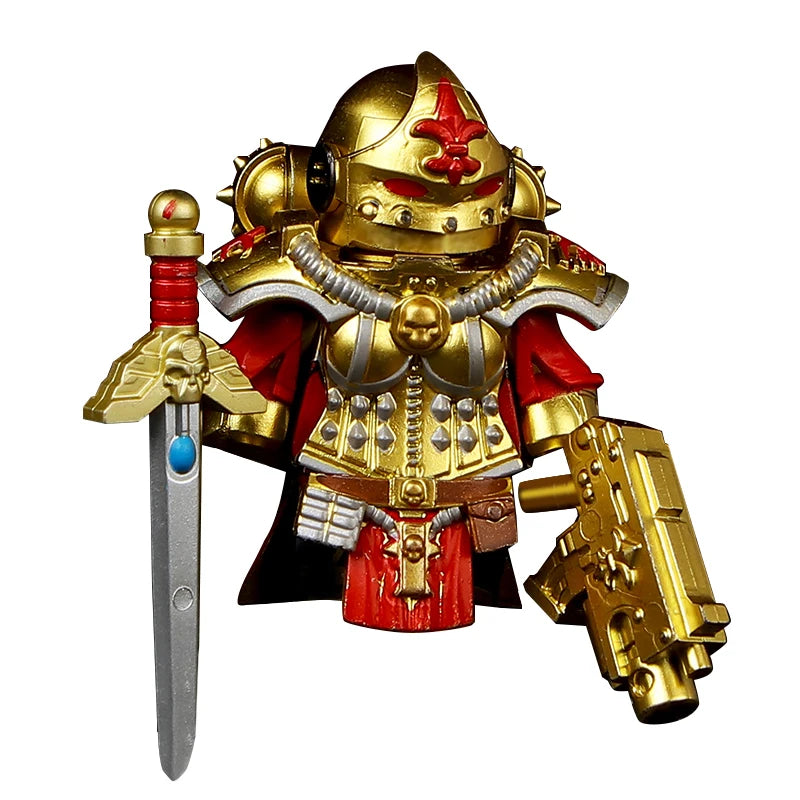Medieval Knights War 10cm Poseable Collectible 40K Figure - Blue-Gold Armor Skull Face Design