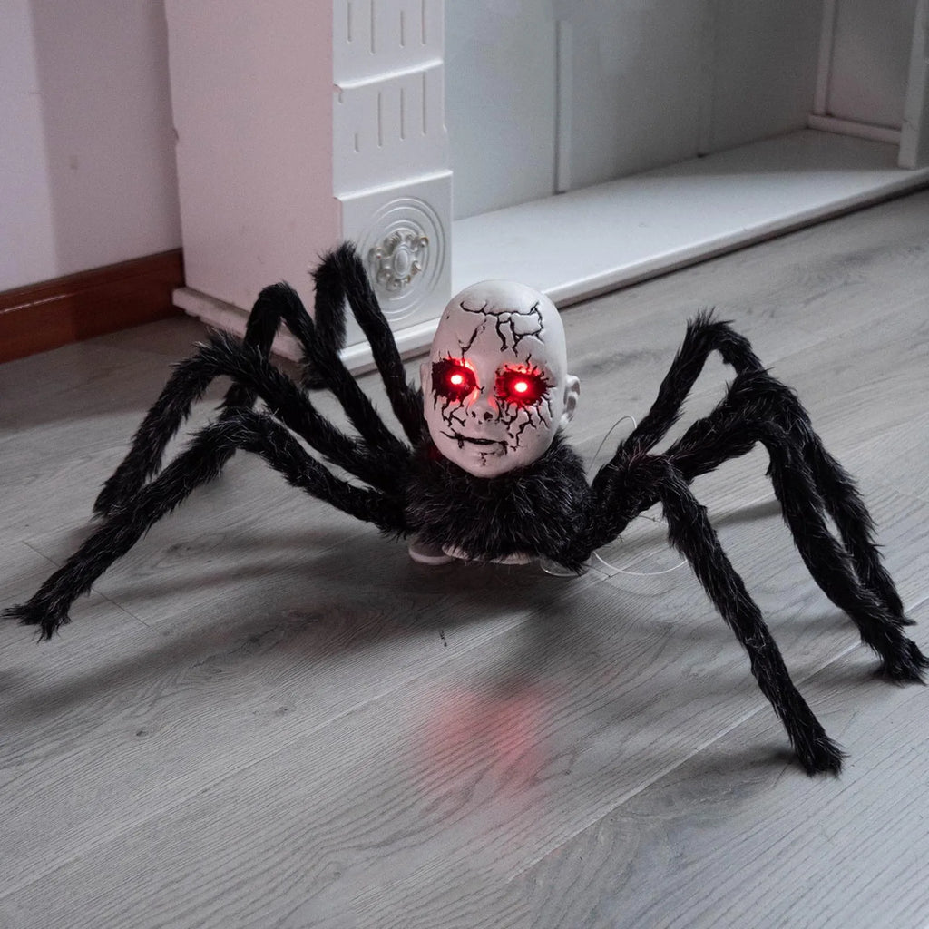Halloween Animatronic Doll Face Spider Motion Activated Glowing Eyes Sound Control Scary Walking Toy Haunted House Prop
