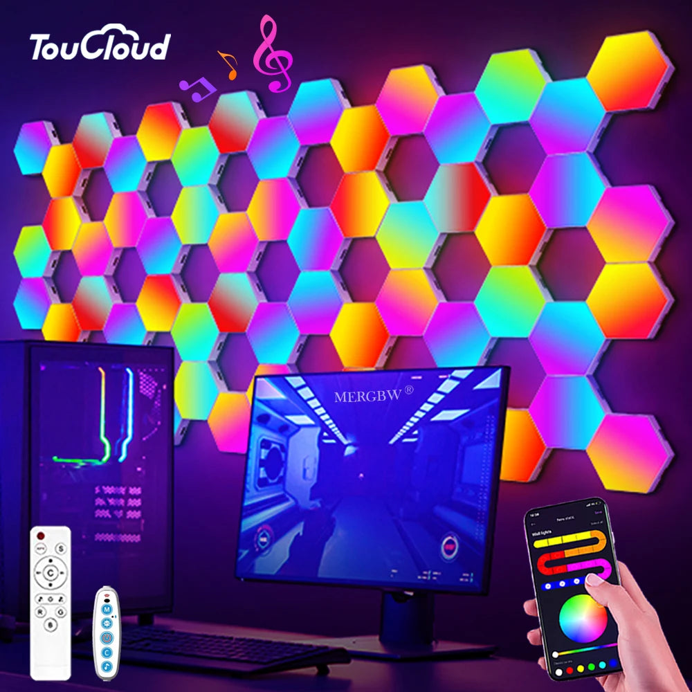 Smart Hexagonal Wall Lamp Color Change Ambient Night Light DIY Shape Music Sync MeRGBW APP Gaming RGB Hexagon LED Lights Bedroom