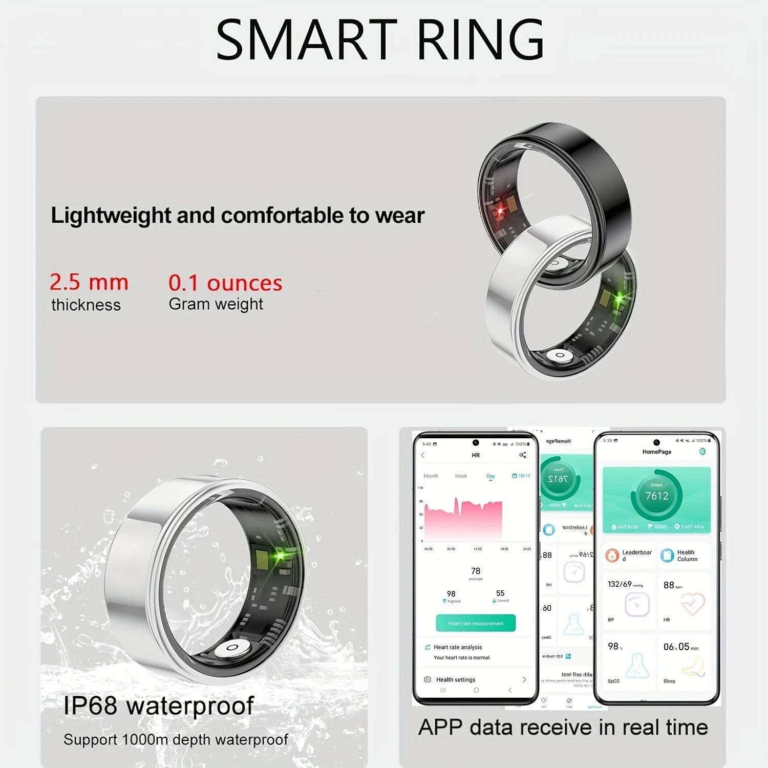 Smart Ring, Schlaftracking, Bewegungsüberwachung, Kompatibel mit iPhone und Android, Smartes Geschenk, Geeignet für Frauen und Männer