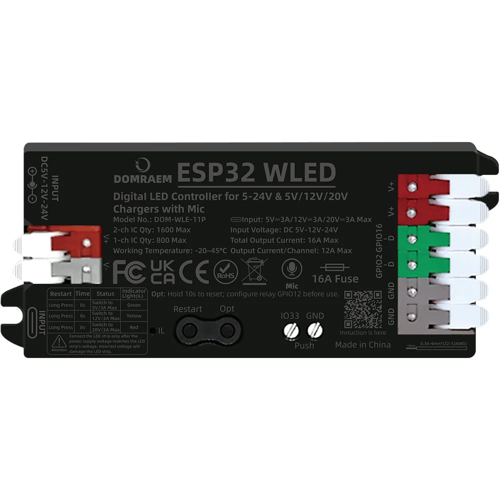 DOMRAEM PD ESP32 WLED Digital LED Controller with Microphone Dual Power Input USB-C PD& DC5-24V for WS281x  APA102 SK6812 etc.