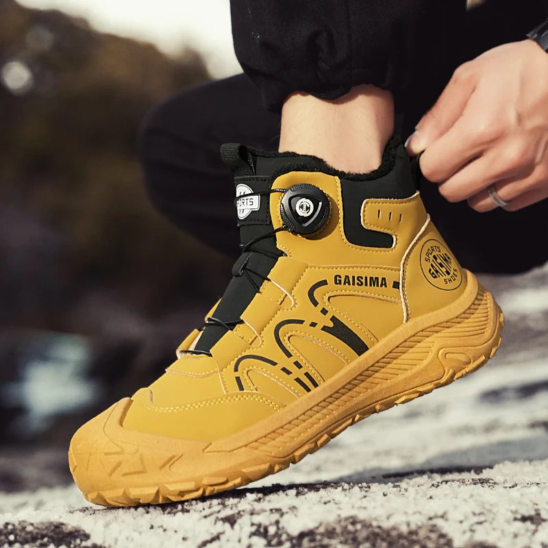 Hot Sale Winter Trekking Boots Men Yellow High top Hiking Shoes Men Work Sneakers Warm Fur Outdoor Boots Men Motorcycle Shoes