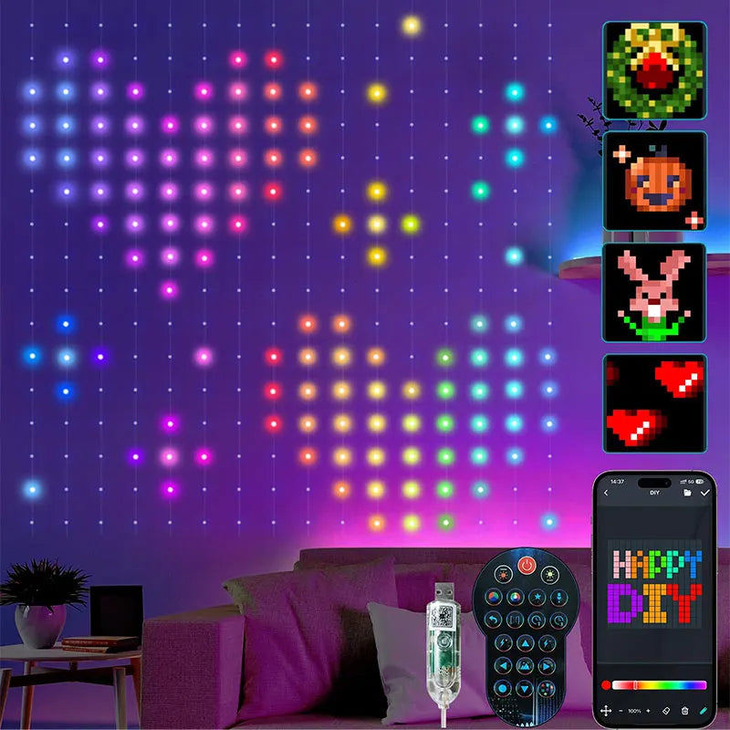 Smart LED RGB Curtain Lights USB App Control String  Music Sync DIY Pattern and Text Programmable Fairy Lights for Christmas