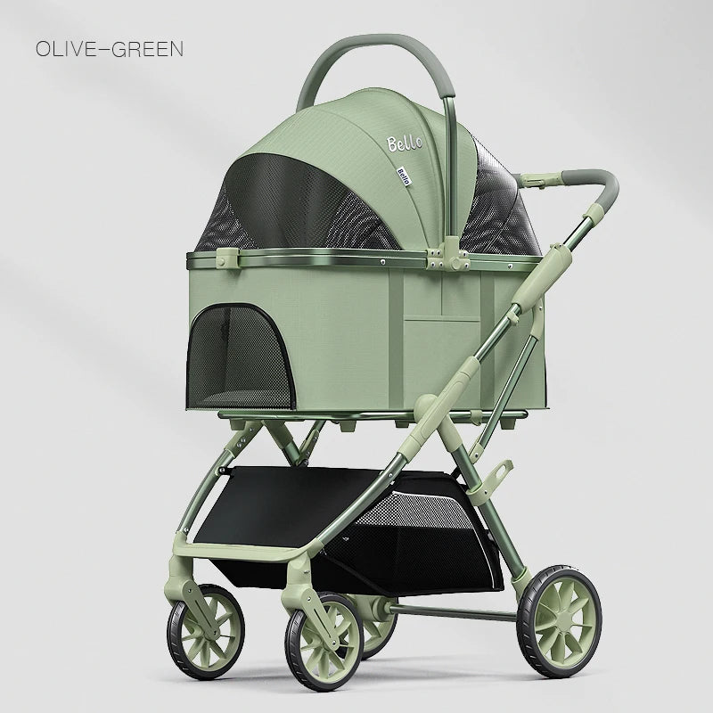 Bello Haustier-Kinderwagen, hohe Sicht, modern, abnehmbar, mittlerer und großer Wagen, Aluminiumlegierung, Katze/Hund, Handschieben, PU-Räder, abnehmbar