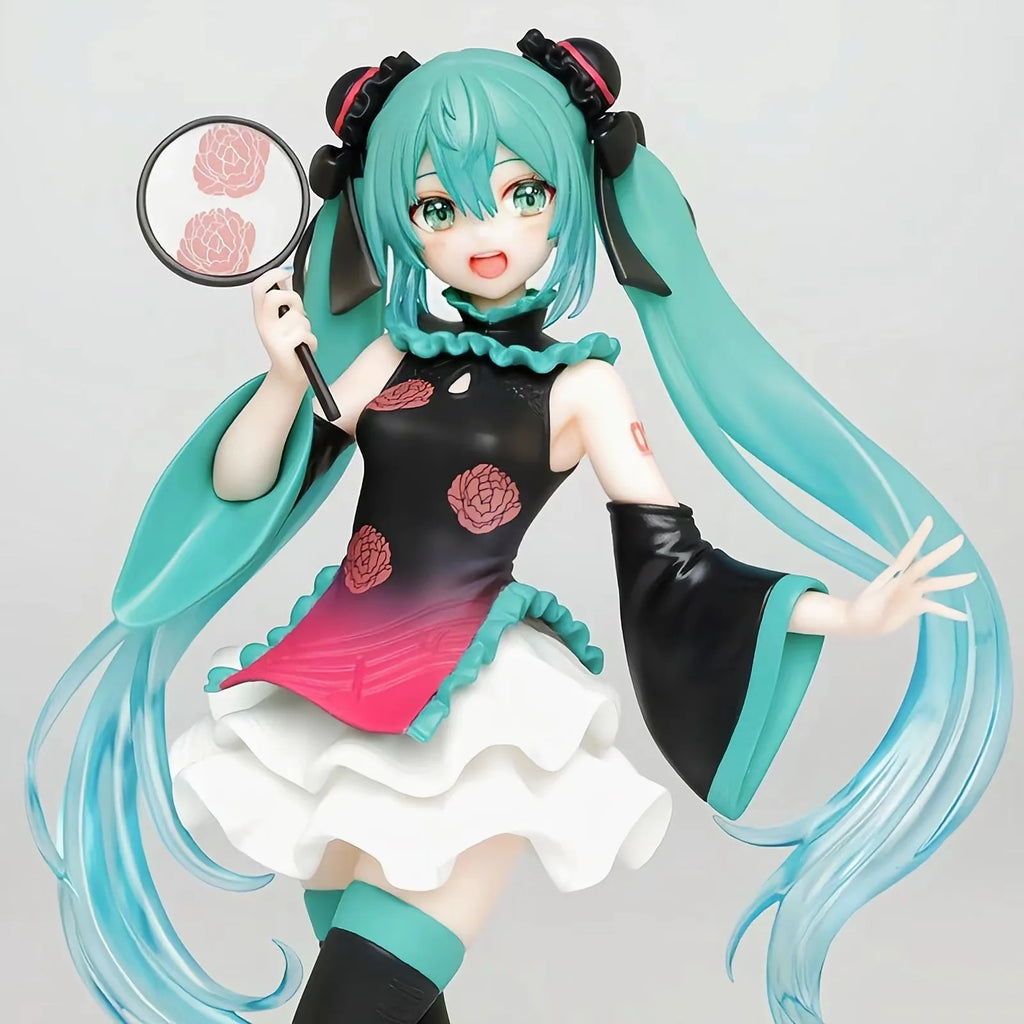 Hatsune Miku Anime Girl Figures Chinese Style Cheongsam Standing Posture with a Fan in Hand Figurines Doll Model Kids Toys Gifts