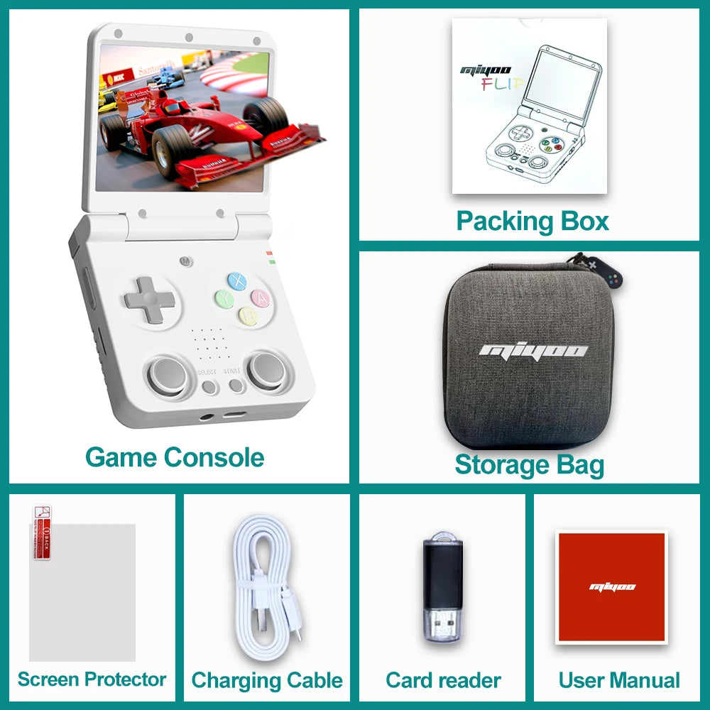 MIYOO Flip V2 Retro-Handheld-Spielkonsole mit Metallscharnier, 3,5-Zoll-IPS-Bildschirm, kompakte tragbare Spielmaschine, zwei Analogsticks, Geschenk