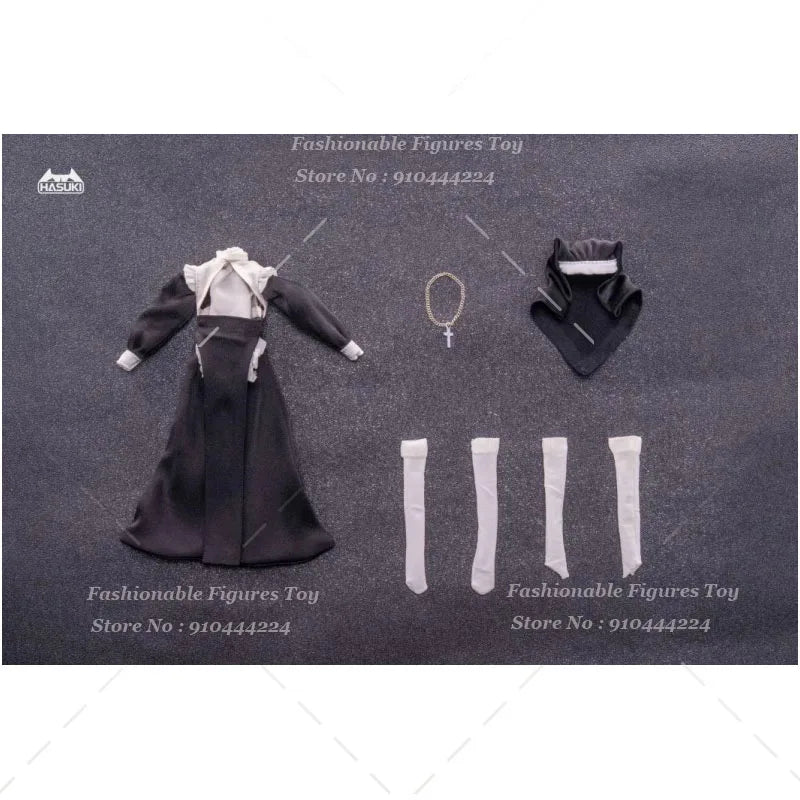 HASUKI CS017 1/12 Female Soldier Nun Uniform Cute Anime Girl Elastic Black Skirt Hat Socks Set Fit 6Inch Action Figure Body