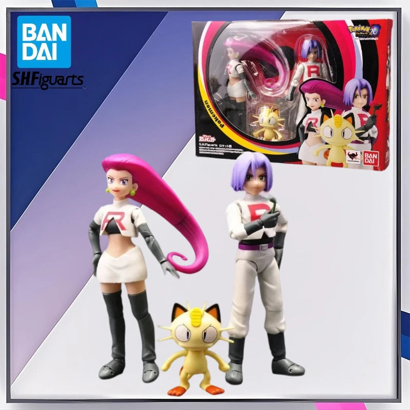 Bandai Original Pokemon S.H.Figuarts SHF Ash Ketchum Pikachu Jessie James Meowth Anime Action Figures for Kids Gift Toys