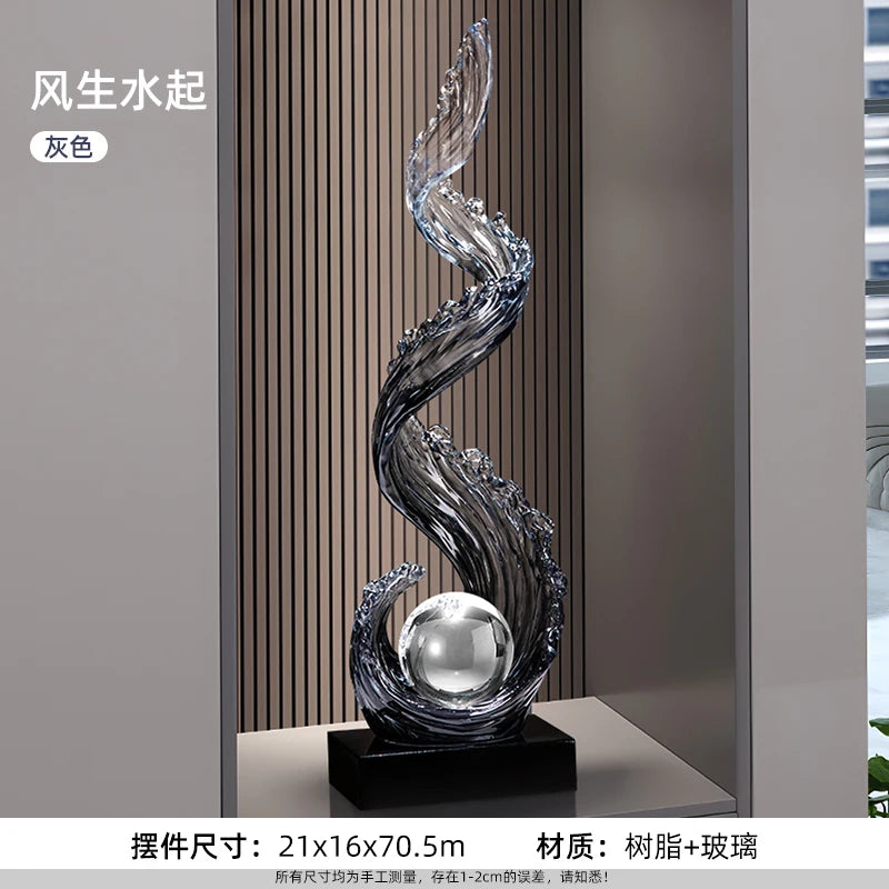 Home Decor Wind and Water Rising Decorations,Blue Resin Sculpture Luxury Living Room Entrance Vertical Art Decoration Customized