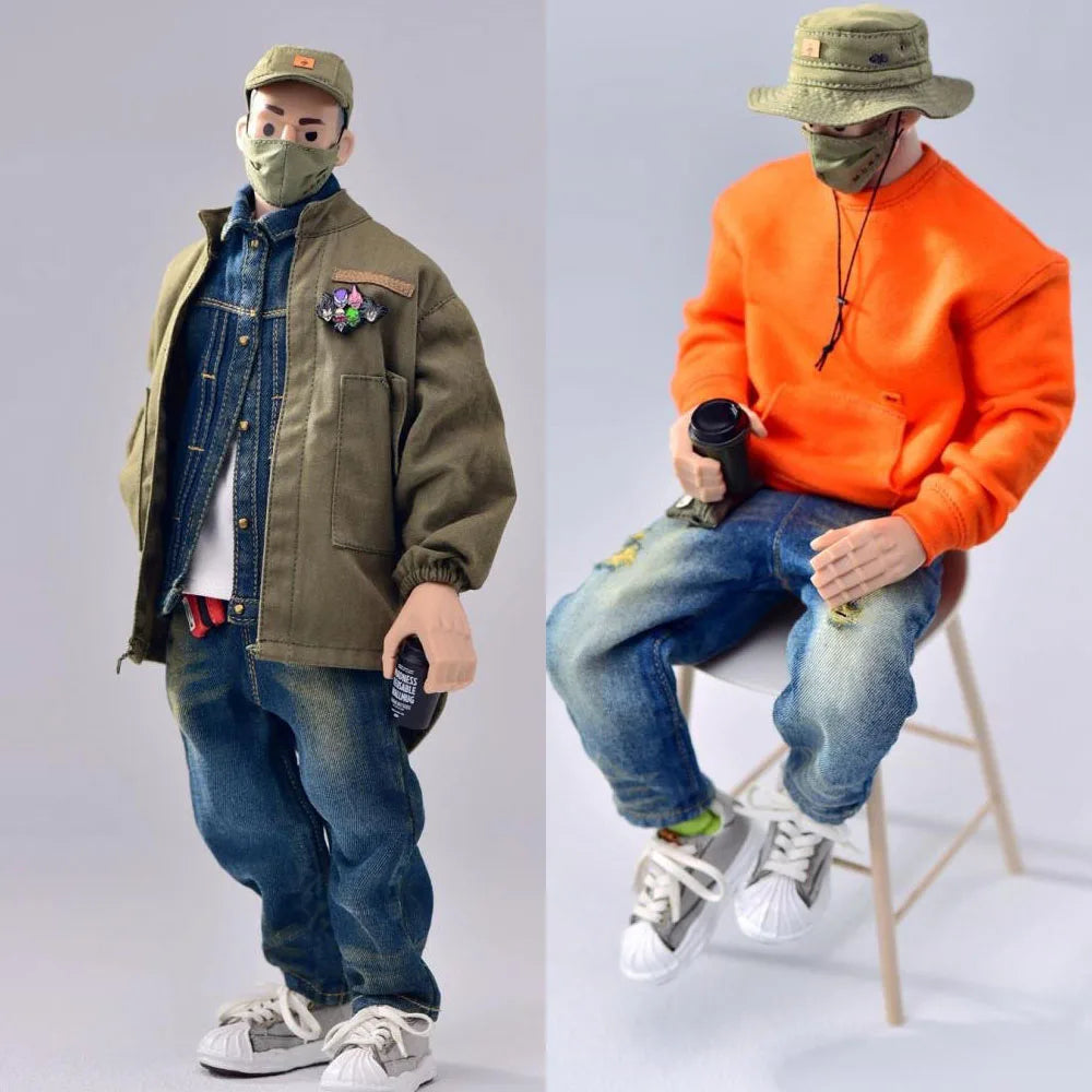 Trickyman12 1/6 Männlicher Soldat Street Trend Hip Hop Jeansjacke Sweatshirt Schuhe Hut Socken Jeans Kleidung für 12" männlicher Körper