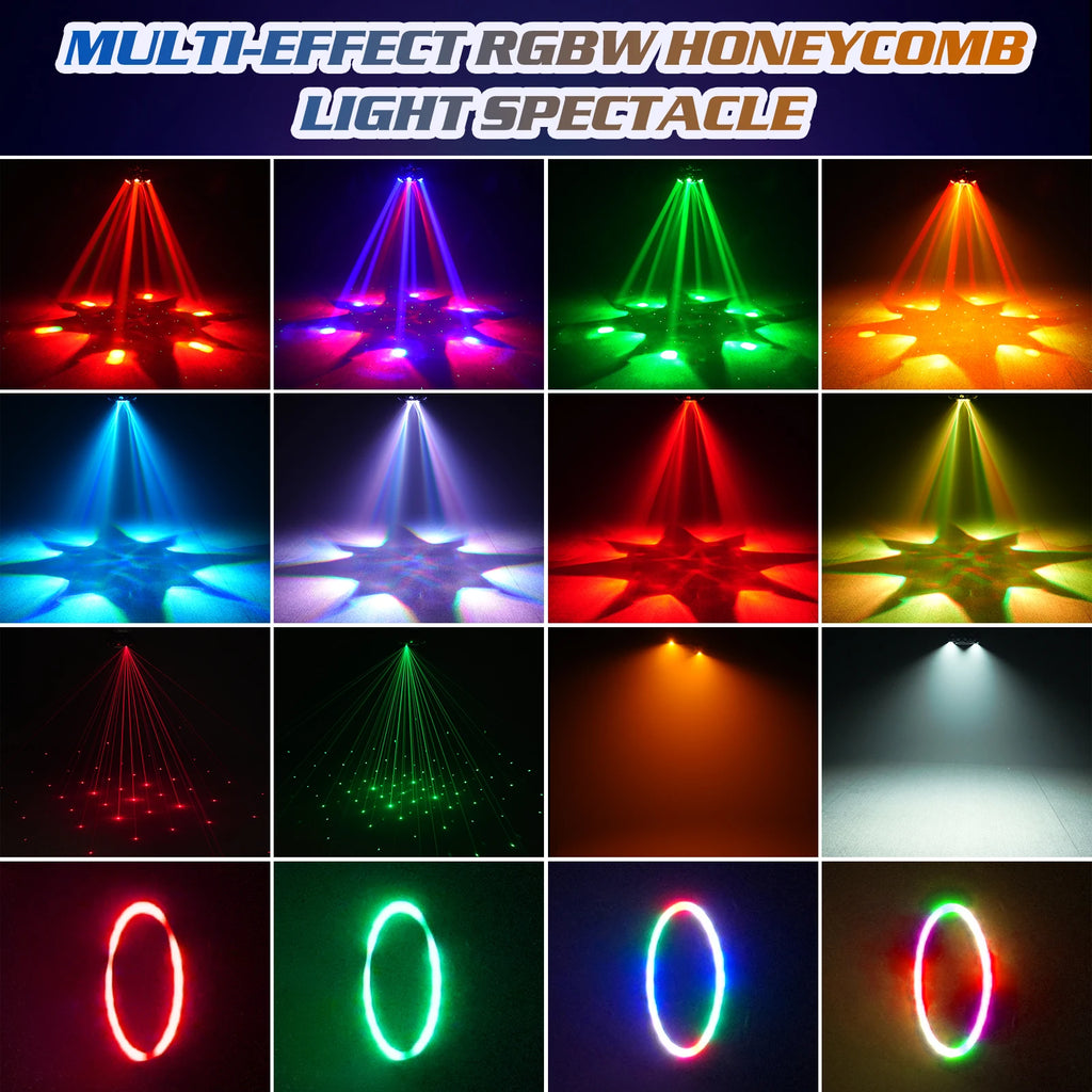 Fieryzeal 150W 6-Arm RGBW Beam Moving Head Light with Halo Effect Stage Light DMX512 Honeycomb Beam Strobe Effect for DJ Party