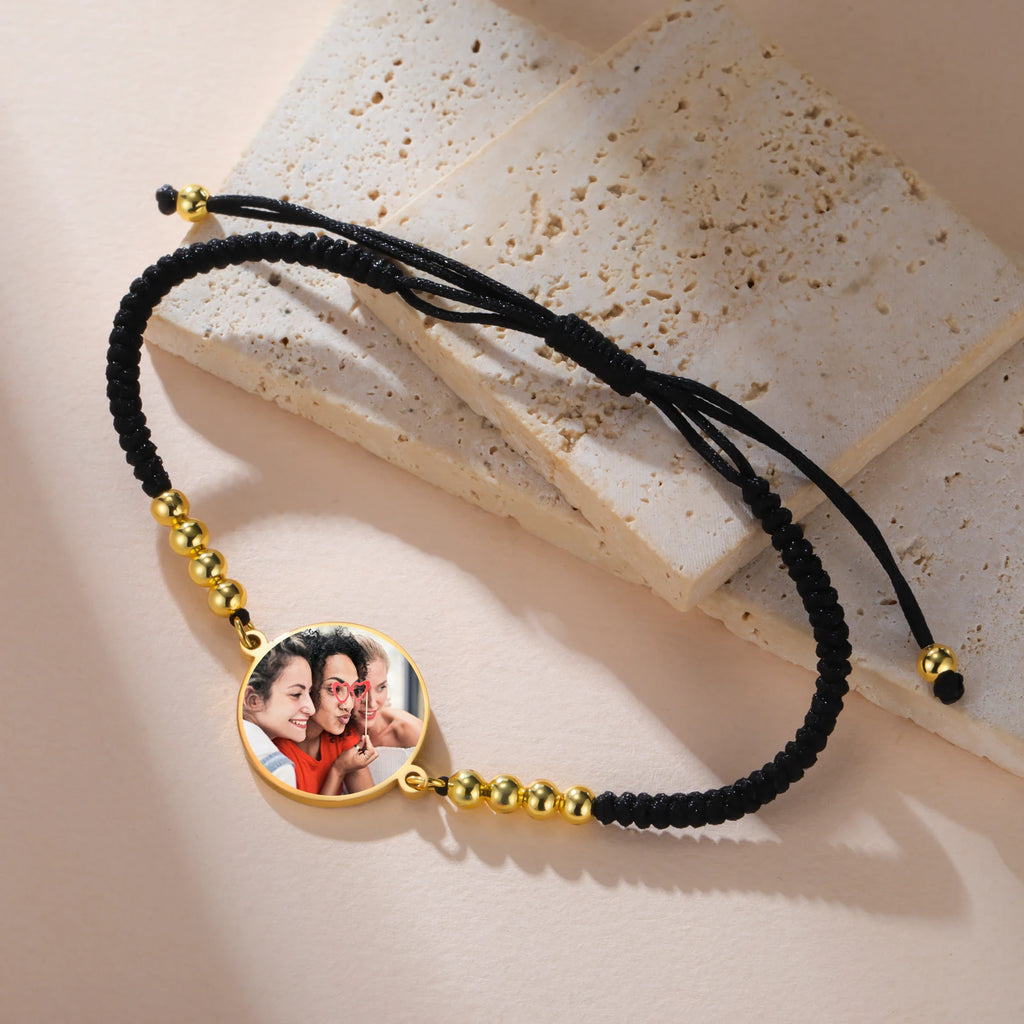 Lemegeton Personalisiertes Fotoarmband mit rotem und schwarzem Seil, runder Anhänger, Edelstahlschmuck für Damen und Herren, personalisierte Trendgeschenke