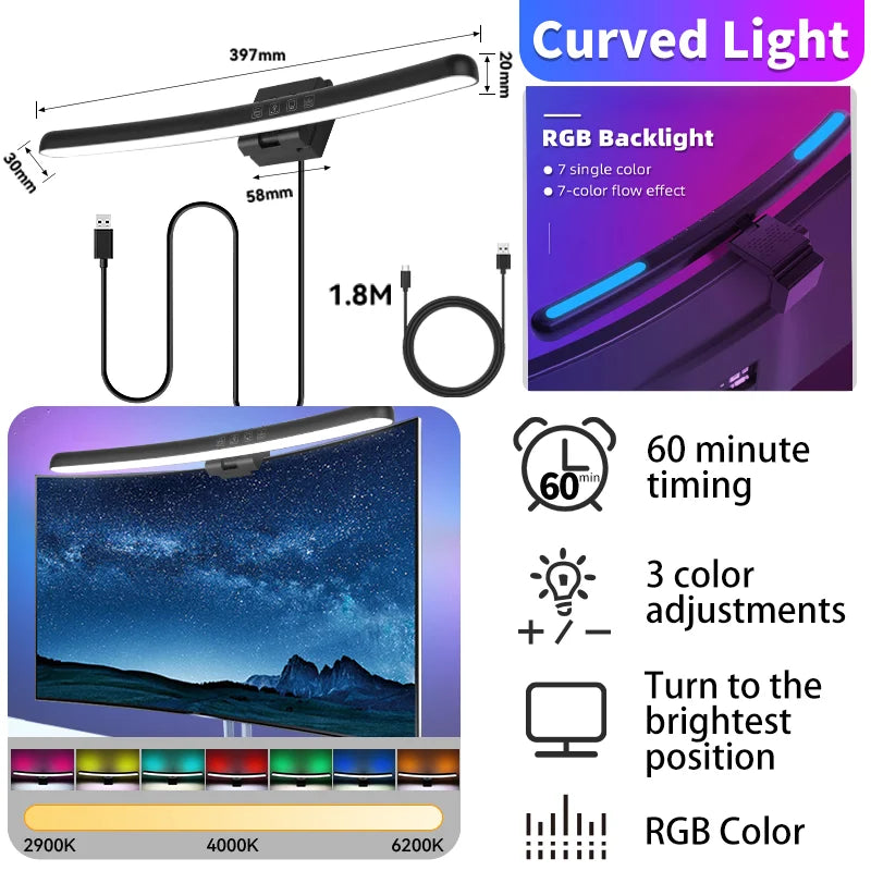 Curved LED Monitor Light Bar USB Rgb PC Screen Lamp Stepless Dimming Backlight Hanging Laptops Gaming Gamer Office Lighting