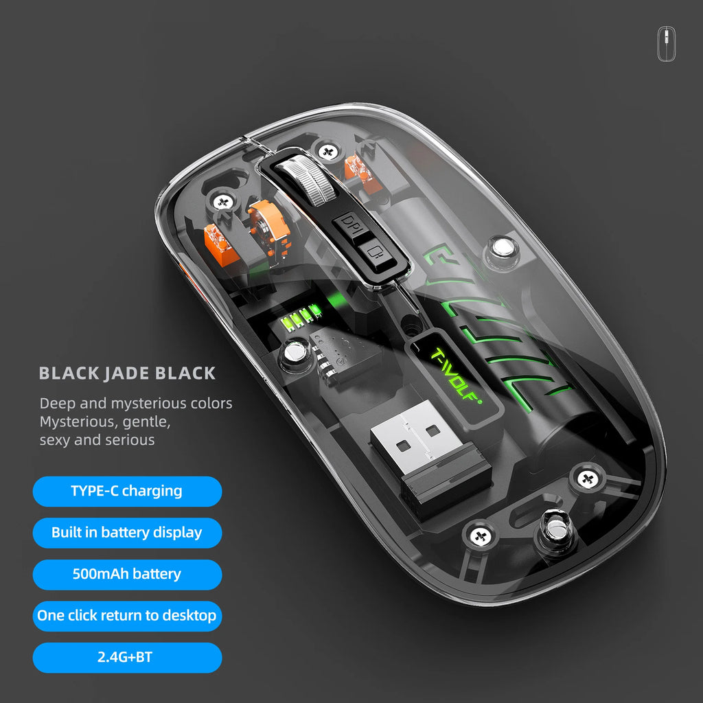 Transparent Wireless Mouse Dual Mode Bluetooth-compatible Rechargeable Mouse Noiseless Cordless Computer Mice Perspective Design