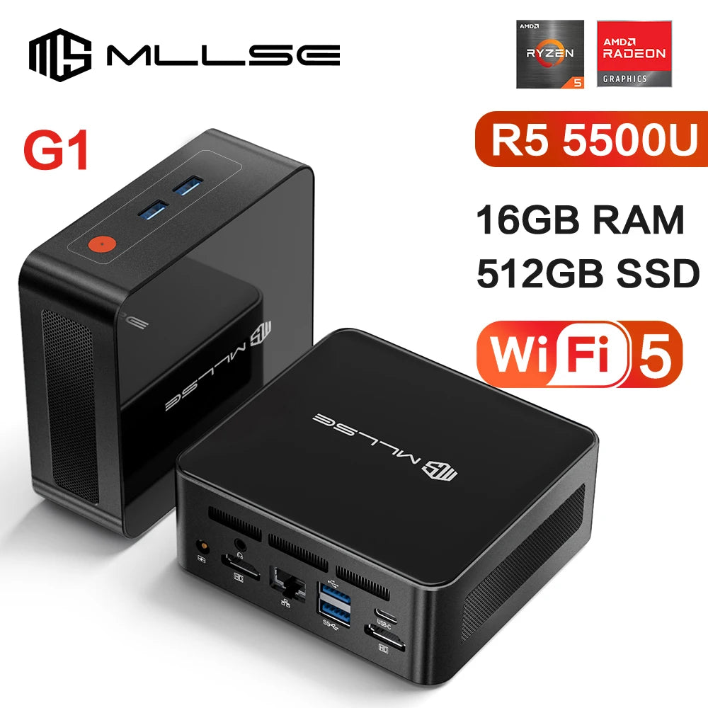 MLLSE G1 Mini PC Windows 11 Pro AMD R5 5500U DDR4 16GB RAM 512 8GB ROM WiFi 5 BT5.2 Desktop Computer Mini Pc Work