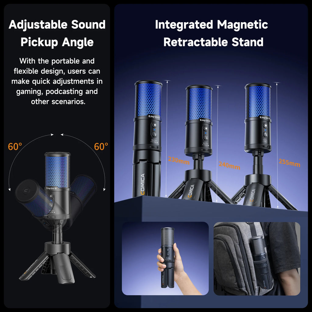 COMICA UNI S USB Gaming Microphone with RGB Condenser Mic with Gain Control Monitoring AI Denoise for PS4,PS5,PC for Streaming