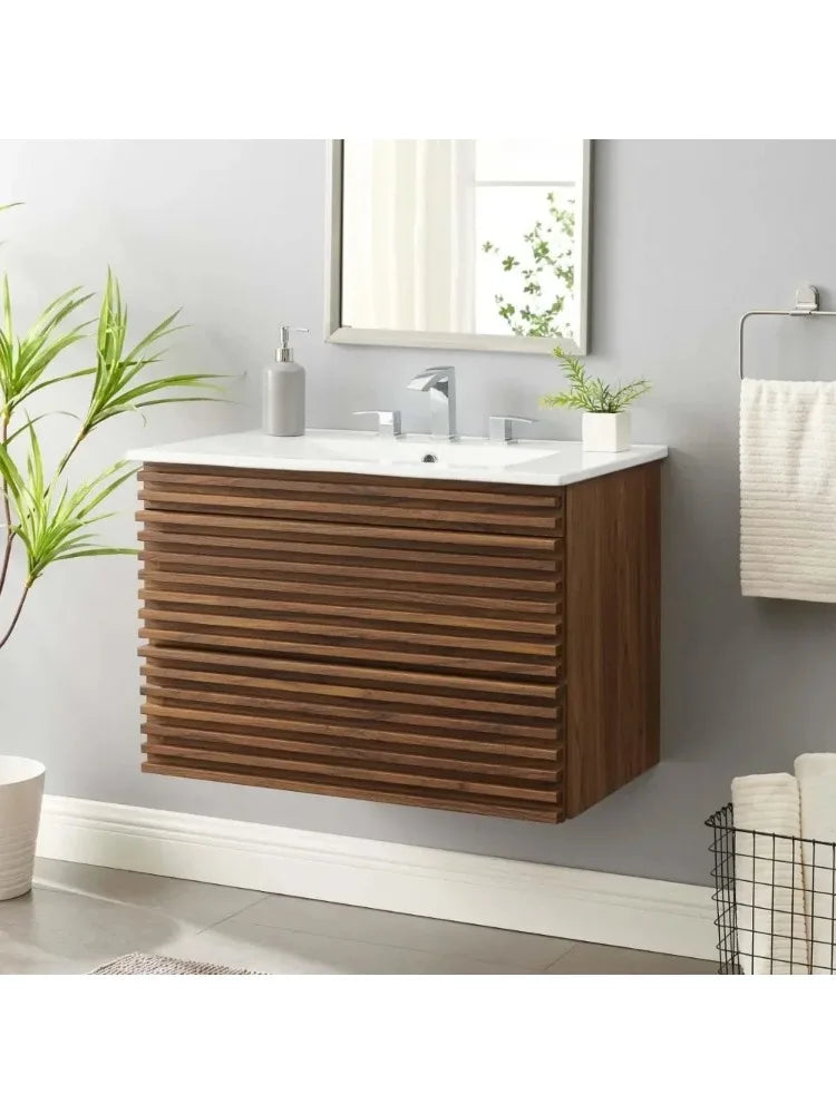 Bathroom Dresser, Vanity With Sink-Floor, 30 Inch, Walnut White,Bathroom vanity cabinet