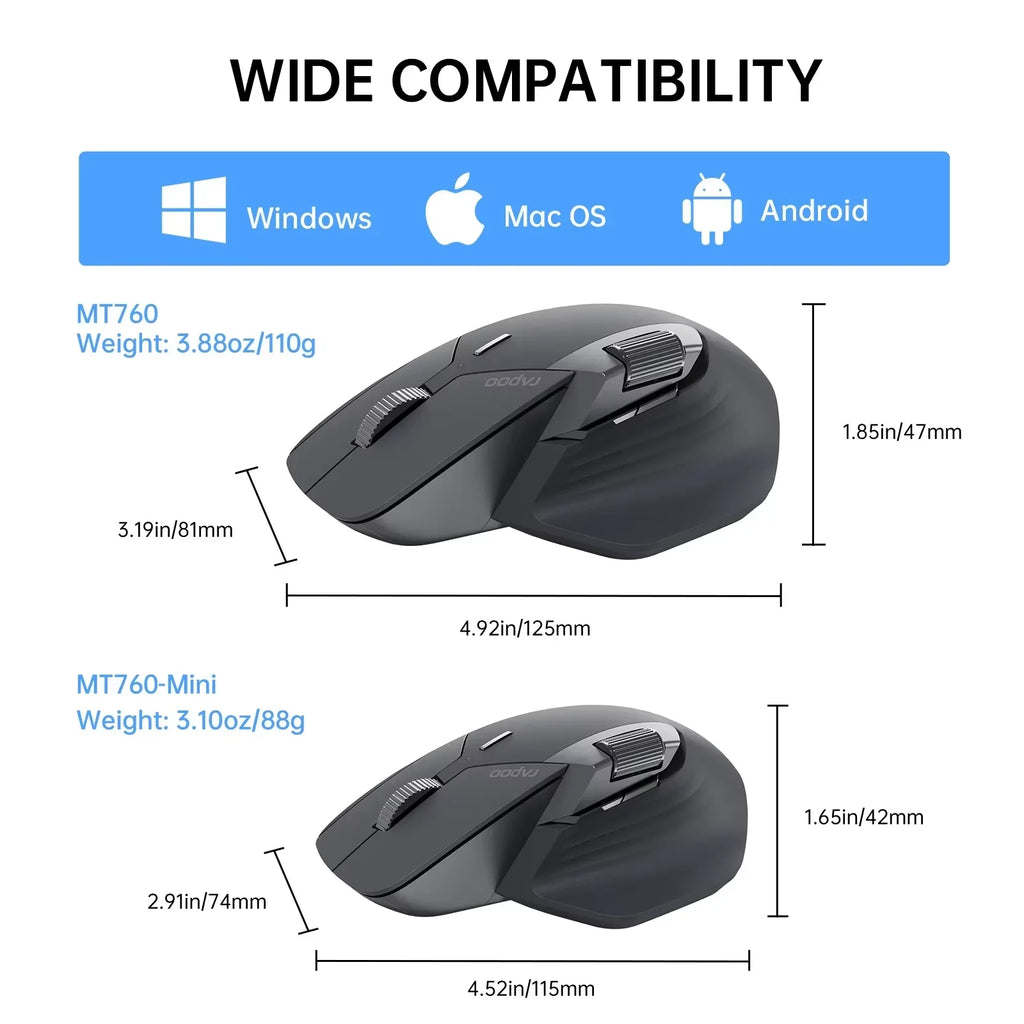 2025 New Rapoo MT760/MT760Mini Multi-mode Rechargeable Wireless Mouse Ergonomic 4000 DPI Support Up to 4 Devices Bluetooth Mouse