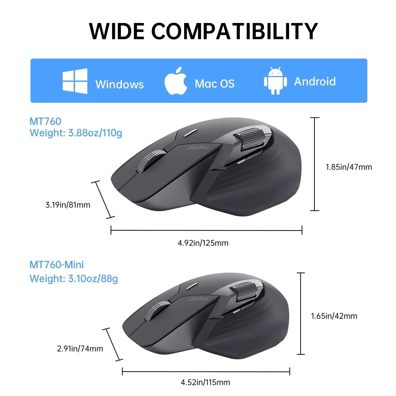2025 New Rapoo MT760/MT760Mini Multi-mode Rechargeable Wireless Mouse Ergonomic 4000 DPI Support Up to 4 Devices Bluetooth Mouse