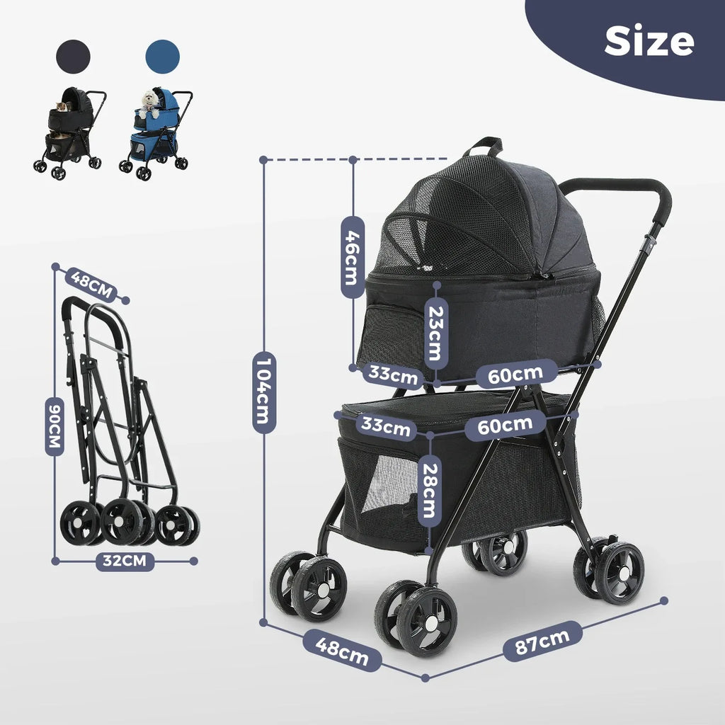 Double Pet Cart for Small Dogs or Cats Lightweight foldable double stroller for dogs with removable harnesses