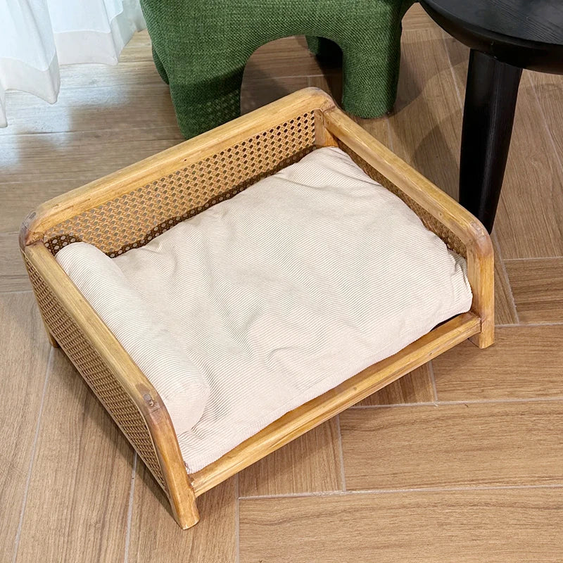 Handwoven Rattan Cat Bed Summer Breathable Pet Sofa Multi-Functional Cat Hammock Space-Saving Minimalist Lounge for Living Room