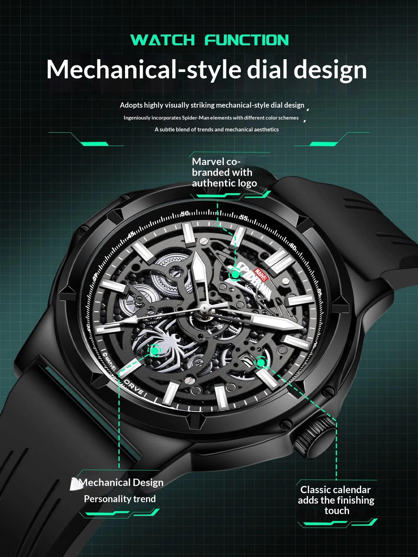 MARVEL Spider-Man Men's Skeleton Automatic Mechanical Watch Silicone Strap Gift for Teenagers Students 18th Birthday