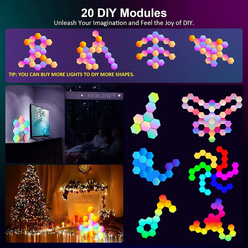 Smart Hexagonal Wall Lamp Color Change Ambient Night Light DIY Shape Music Sync MeRGBW APP Gaming RGB Hexagon LED Lights Bedroom