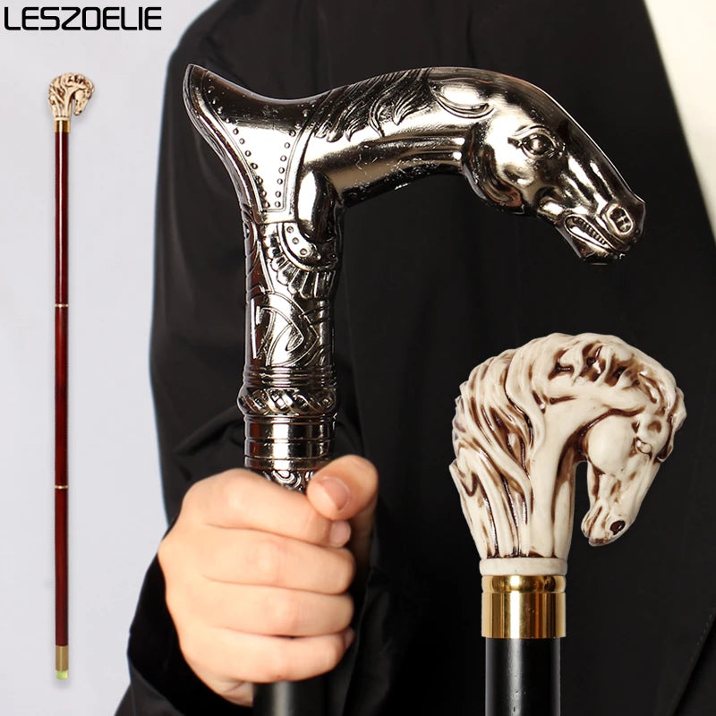 Horse-Head Stick Series Man Alloy And Resin Horse Head With Iron And Red Wooden Walking Cane For Woman Fashionable Canes