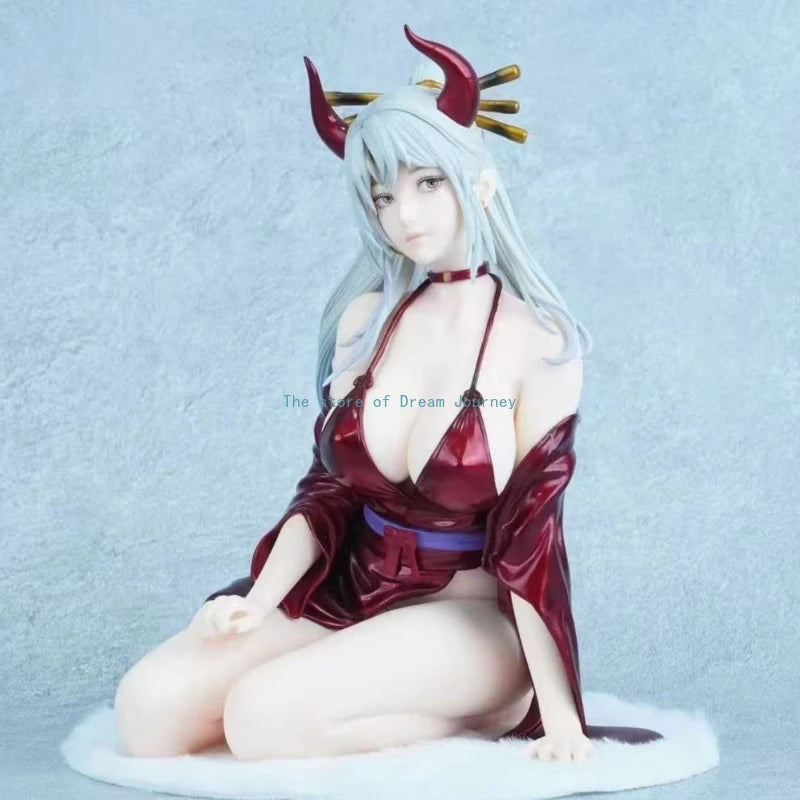 One Piece Kimono Yamato GK Figure, kneeling pose, red kimono with long silver hair, red devil horns on the head