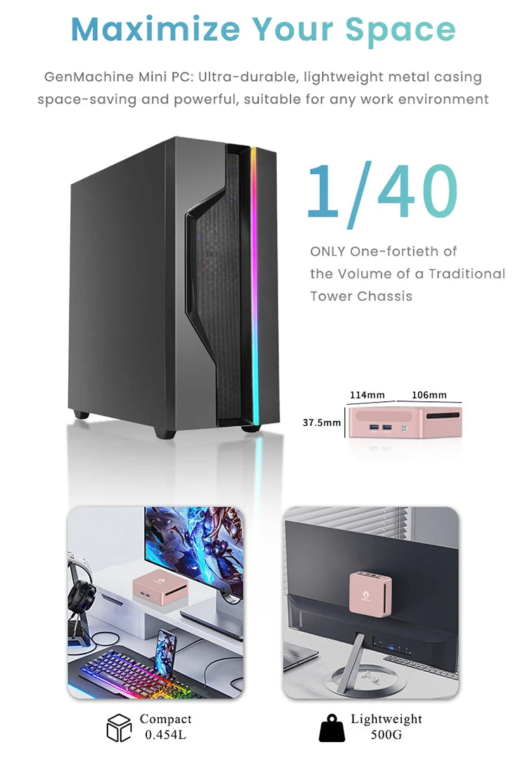 GenMachine Ryzen PRO 6800H MINI PC Windows 11 8C/16T 3.2Ghz LPDDR5 6400Mhz 24G RAM 256G ROM WIFI6 BT5.2 Diy Gaming Computer