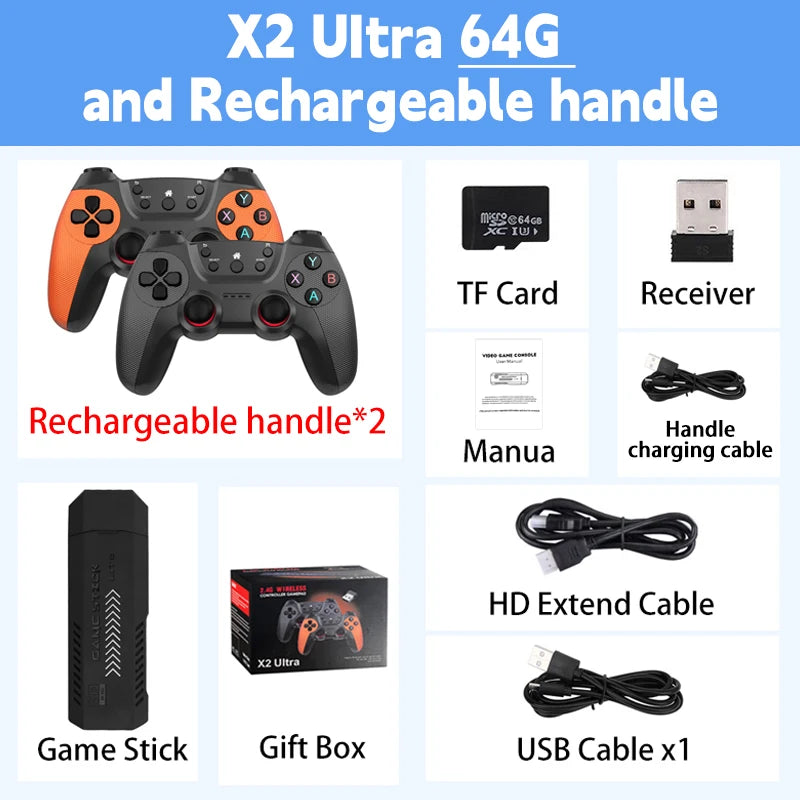 X2 Ultra Video Game Stick Console Or ONLY 64G Retro Games Christmas Gift 2.4G Double Wireless Controller 4K HD30000 Games