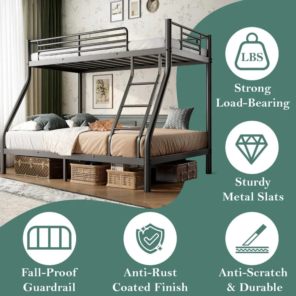 Bunk Beds Twin Over Full Size, Heavy Duty Bunk Beds with Bottom Space & Guardrail Metal Bunk Bed Frame for Aldults Dorm Bedroom