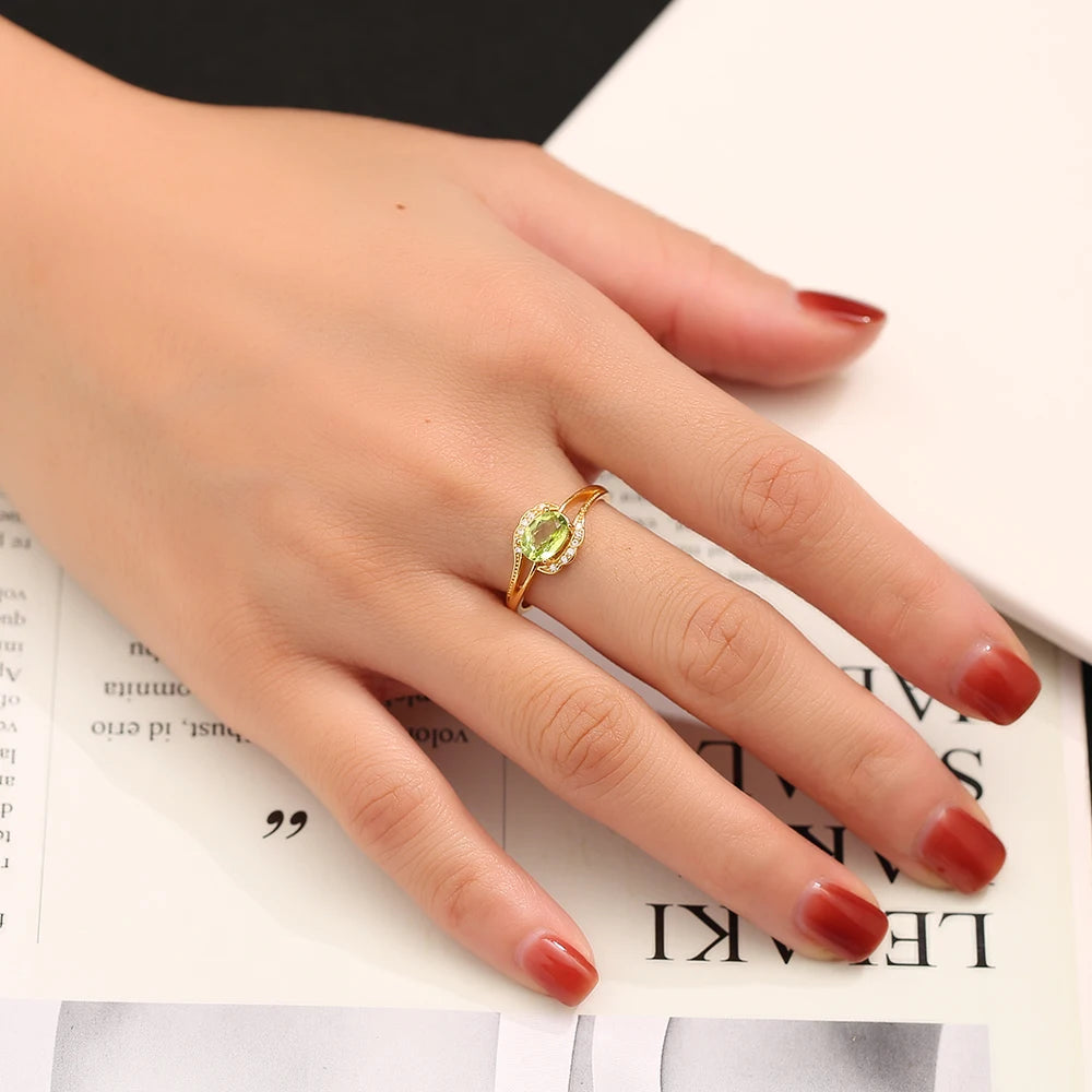 Natural Peridot 925 Silver Ring K Gold Plated Twisted Adjustable Bands Birthstone Healing Crystal Jewelry Boho Gift