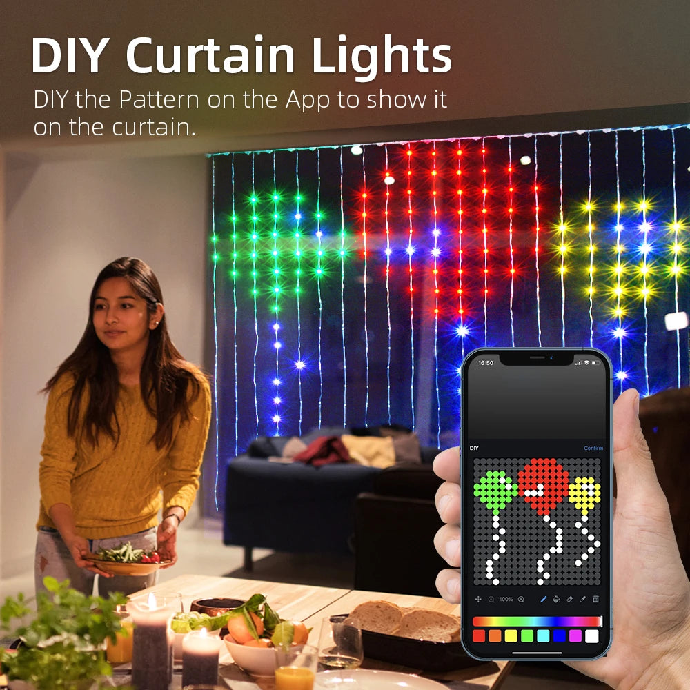 400 LED Smart USB Curtain Lights Colorful Fairy String Lights with DIY Text & Patterns,Music Sync,App Control for Bedroom Decor